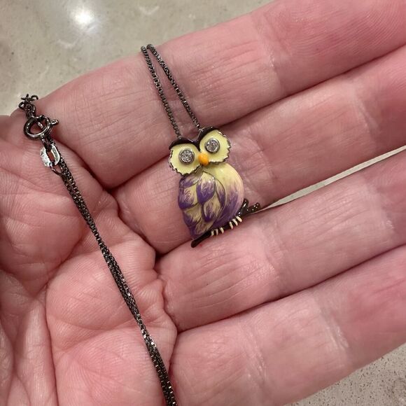 Sterling Silver Hand-Painted Modish Owl with Clear CZ Pendant Necklace - Picture 2 of 6